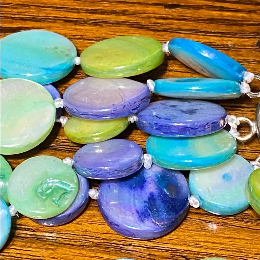 6 strand blue green purple mother of Pearl shell disc necklace - Picture 7 of 11